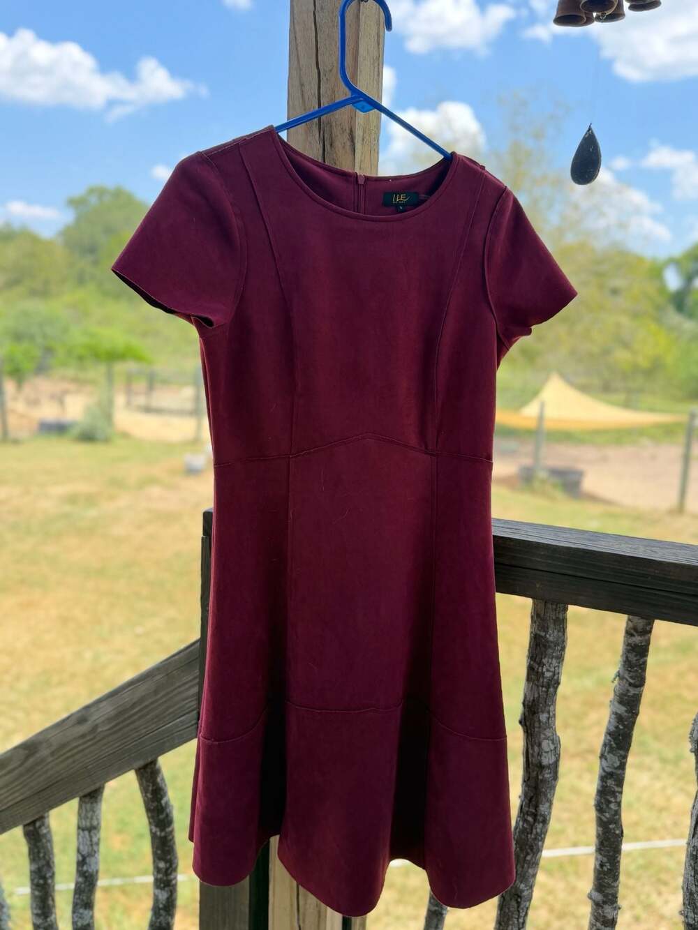 ILE New York Women's Short Sleeve Burgundy Faux Suede Fit and Flare Dress